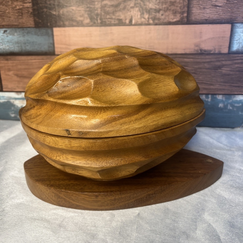 Vintage MCM Monkey Wood Walnut  Nut Cracker Bowl Hinge Lid -‎ Picks- Tiki